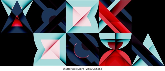 Abstract geometric shapes, primarily triangles, form complex composition. Blue, red, light blue hues dominate dark background. Modern design.