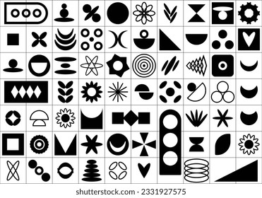 Abstract geometric shapes primitive vector elements set, retro brutalist black bauhaus minimal swiss design figures collection