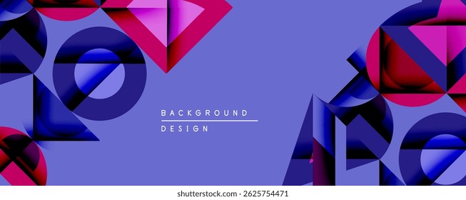 Abstract geometric shapes, purple hues dominate design. Text reads background design, simple layout, modern aesthetic.