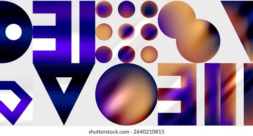 Abstract geometric shapes, purple hues dominate. Circles, triangles, rectangles overlap creating dynamic composition. Modern design elements present.
