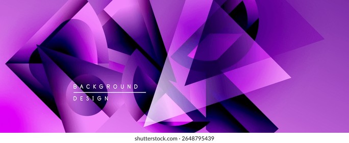 Formas geométricas abstratas, tons roxos dominam o design. O efeito de gradiente cria profundidade, estética moderna. O texto do plano de fundo lê o design do plano de fundo.