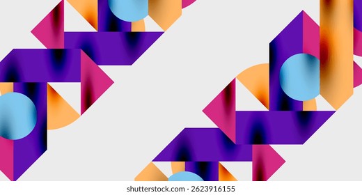 Abstract geometric shapes, purple, orange, blue hues. Modern design, clean lines, dynamic composition. Minimalist aesthetic, vibrant colors.