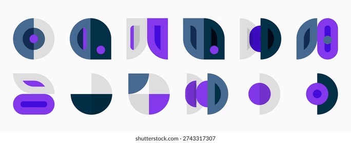 Abstract geometric shapes, purple, teal, gray. Minimalist design, circular forms, varied arrangements, modern aesthetic.