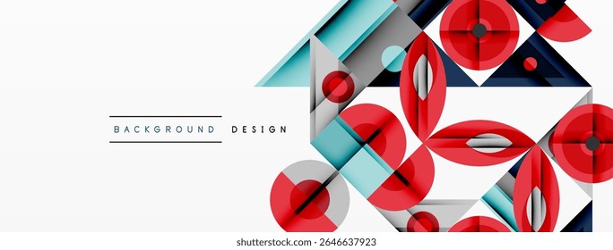Abstract geometric shapes, red accents, light blue tones. Modern design elements create dynamic visual texture. Minimalist style.