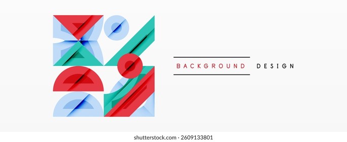 Abstract geometric shapes, red, blue, teal. Overlapping forms create dynamic composition. Minimalist design, modern aesthetic. Clean lines, vibrant colors.