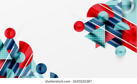 Abstract geometric shapes, red, blue, turquoise. Overlapping elements create dynamic composition. Modern design, clean lines, vibrant colors. Minimalist aesthetic.