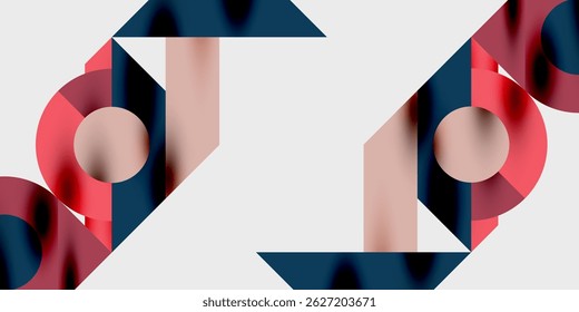 Abstract geometric shapes, red, blue, pink. Minimalist design with circular elements, clean lines, white background. Modern composition.