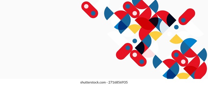 Formas geométricas Abstractas, rojo, azul, amarillo. Diseño minimalista, fondo limpio, estética moderna. La composición se centra en formas lúdicas.