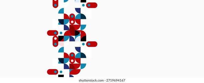 Formas geométricas abstratas, vermelhas e azuis, espalhadas pelo fundo branco. Design minimalista, estética moderna, composição simples.