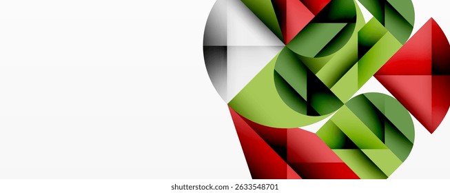 Abstract geometric shapes, red, green hues dominate composition. Minimalist design, clean lines, modern aesthetic. White space balances vibrant colors.