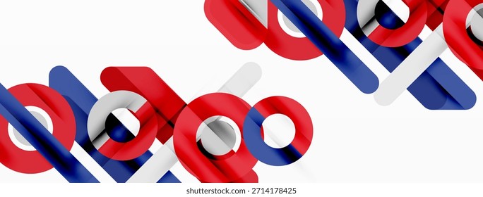 Abstract geometric shapes, red, white, blue colors. Interlocking forms create dynamic visual pattern. Minimalist design, clean lines.