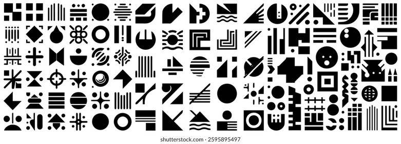 Abstract geometric shapes, refraction glass effects, Y2K aesthetics, Brutalist designs, vintage stickers, and trendy retro symbols.