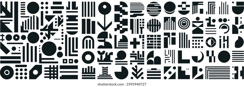 Abstract geometric shapes, refraction glass effects, Y2K aesthetics, Brutalist designs, vintage stickers, and trendy retro symbols.