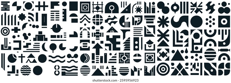 Abstract geometric shapes, refraction glass effects, Y2K aesthetics, Brutalist designs, vintage stickers, and trendy retro symbols.