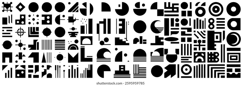 Abstract geometric shapes, refraction glass effects, Y2K aesthetics, Brutalist designs, vintage stickers, and trendy retro symbols.