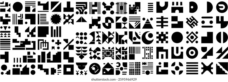 Abstract geometric shapes, refraction glass effects, Y2K aesthetics, Brutalist designs, vintage stickers, and trendy retro symbols.