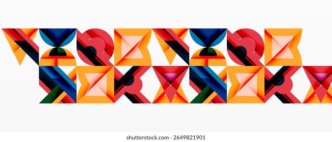 Formas geométricas abstratas se repetem, criando um padrão colorido. Design arrojado apresenta triângulos, quadrados, trapézios. Tons vívidos dominam a composição.