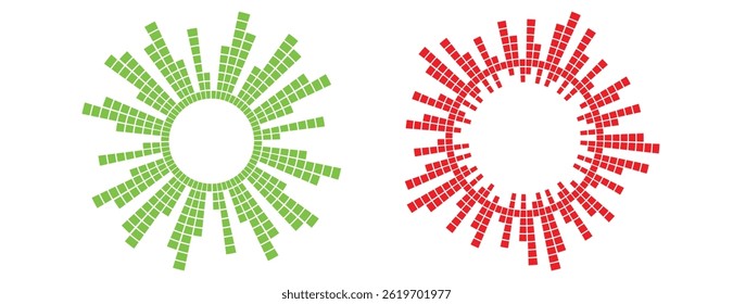 Abstract geometric shapes resembling flowers made of green and red square blocks, forming radial circular patterns. Modern and minimalistic design concept for digital and graphic applications.