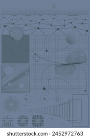 Abstract Geometric Shapes for Science, Physics, Technology, Space Posters, Illustrations, Backgrounds. 3D Effect Abstract Objects, Mesh, Grid, Elements 