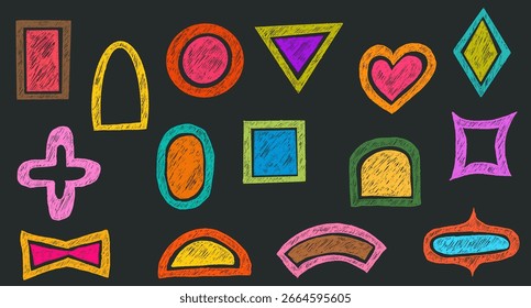 Abstract geometric shapes in scribble sketch style hand drawn with pencil and chalk or crayon. Set of funky color childish elements for frame banner, sticker, badge. Bright vector art.