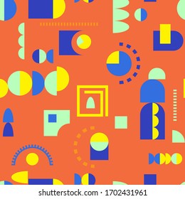 Abstract geometric shapes seamless pattern, texture. Colorful pop retro memphis style. Cute simple vector design for wallpaper, art textile print, cards, backgrounds. Bright orange, blue, yellow color