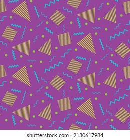 Abstract geometric shapes seamless pattern in yellow and blue over neon pink background in 90s fashion style. Great for posters, website background, gift wrapping paper  and 90s party theme 