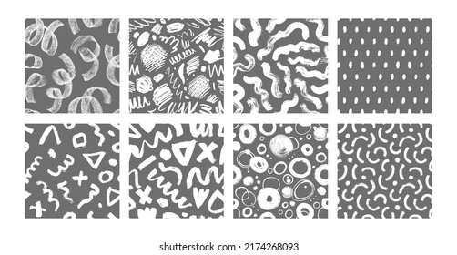 Abstract geometric shapes seamless pattern collection. Geometric ornaments with black brush strokes, doodle elements, swirls and scribbles. Memphis design, simple shapes. Set of abstract wallpapers