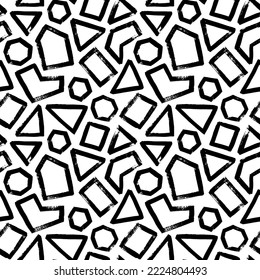 Abstract geometric shapes seamless pattern. Brush drawn hexagons, triangles and squares with scribbles. Grunge rough black brushstrokes. Black paint geometric background. Hand drawn modern ornament. 