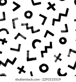 Abstract geometric shapes seamless pattern. Ornament in Memphis style. Brush drawn chaotic geometric shapes with grunge texture. Messy ink brush scribbles, bold curvy lines illustration. 