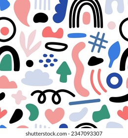Abstract geometric shapes seamless pattern. Vector Hand drawn various shapes and doodle objects. Abstract contemporary modern style pattern. Trendy colorfull illustration. Stamp texture.
