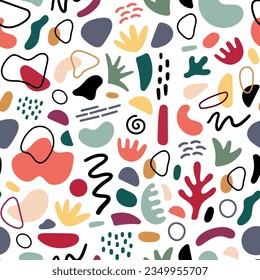 Abstract geometric shapes seamless pattern. Vector Hand drawn various shapes and doodle objects. Abstract contemporary modern style pattern. Trendy colorfull illustration. Stamp texture.