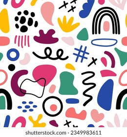 Resumen de las formas geométricas sin costura. Vector Hand dibujó varias formas y objetos de doodle. Resumen del estilo contemporáneo. Ilustración colorida de moda. Textura del sello.