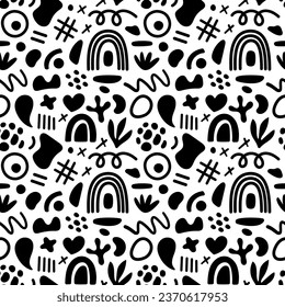 Resumen de las formas geométricas sin costura. Vector Hand dibujó varias formas y objetos de doodle. Resumen de estilo contemporáneo. Ilustración moderna en blanco y negro. Textura del sello.