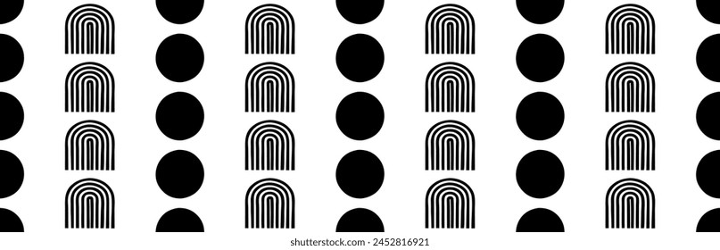 Abstract geometric shapes seamless pattern. Black figure arch and circle on white background. Brutal modern. Basic shapes. Bauhaus memphis design. Vector illustration.
