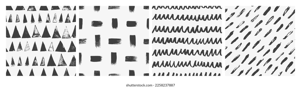 Abstract geometric shapes seamless patterns collection. Brush drawn triangles, curved lines, brush strokes and dashes. Black and white vector textures. Simple geometric patterns.