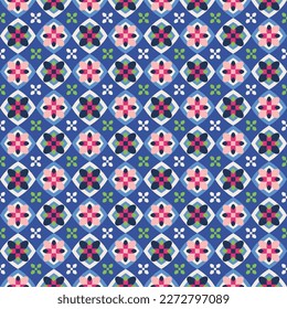 Abstract Geometric Shapes Seamless Vector Pattern Hypnotic Psychedelic Retro Squares Diamonds Azulejos Moroccan Style  Mosaic Colorful Trendy Pattern Perfect for Allover Print Royal Blue Pastel Pink