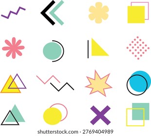Abstract geometric shapes set. 90s or 80s Memphis style design, bauhaus retro elements. For web, vintage, advertisement, commercial poster, billboard, sale, brochures, Vector bright pastel color