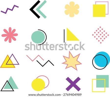 Abstract geometric shapes set. 90s or 80s Memphis style design, bauhaus retro elements. For web, vintage, advertisement, commercial poster, billboard, sale, brochures, Vector bright pastel color