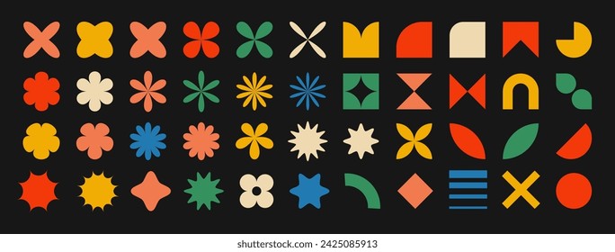 Abstract Geometric Shapes Set. Collection of Figures, Flowers, Hearts, and Sparkles Perfect for Print, Stickers, and Banners. Bauhaus, Memphis Design.