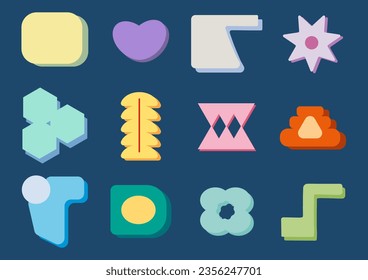 Abstract geometric shapes set. Heart and square shape, triangles and flower. Emoji and stickers for social networks and messengers. Cartoon flat vector collection isolated on blue background