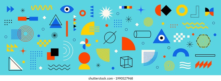 Resumen de las formas geométricas establecidas. Diseño memphis, elementos retro bauhaus. Para web, vintage, publicidad, banner comercial, afiche, cartel, venta, folletos, portadas. Conjunto de formas geométricas vectoriales 