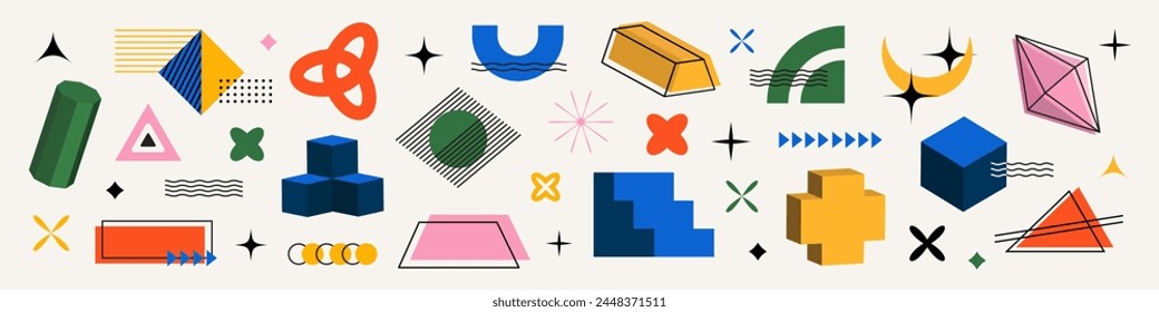 Abstract geometric shapes set. Memphis design, bauhaus retro elements. Trendy halftone vector geometric shapes collection. 
