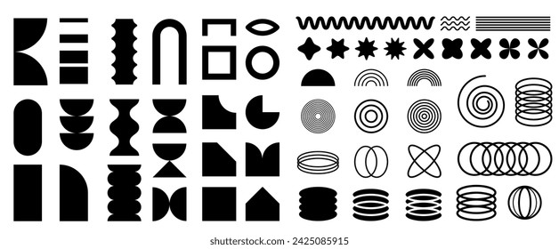 Abstract geometric shapes set. Simple primitive elements and forms. Brutalist geometric shapes, symbols. Bauhaus, retro design element collection