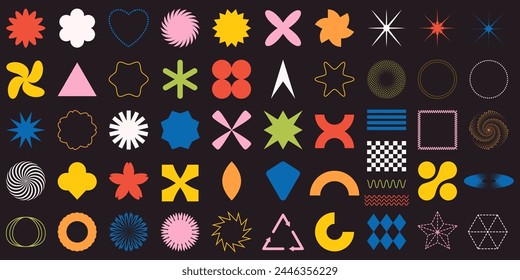 Abstract geometric shapes set. Trendy basic figures flower, circle, triangle, arrows, cells, stars, spiral. Some elements have an editable stroke. Vector illustration isolated on a dark background