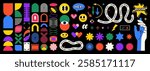 Abstract geometric shapes set vector illustration. Graphic design elements with retro line, simple form, figure, arch, flower, smiley and hand. Trendy cartoon flat stickers, brutal aesthetic.
