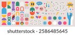 Abstract geometric shapes set vector illustration. Graphic design elements with retro line, simple form, figure, arch, flower, smiley and hand. Trendy cartoon flat stickers, brutal aesthetic.