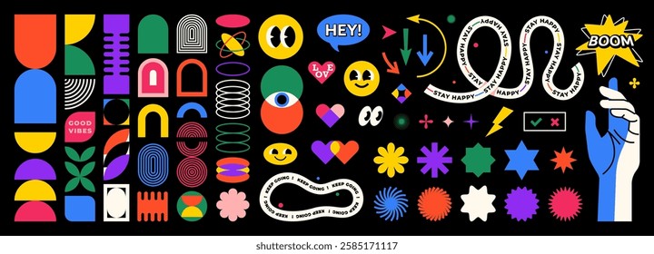 Abstract geometric shapes set vector illustration. Graphic design elements with retro line, simple form, figure, arch, flower, smiley and hand. Trendy cartoon flat stickers, brutal aesthetic.