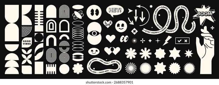 Abstract geometric shapes set vector illustration. Monochrome graphic design elements with retro line, simple form, figure, arch, flower, smiley, hand. Trendy cartoon flat stickers, brutal aesthetic.