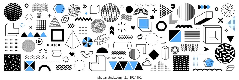 Abstract geometric shapes. Set of vintage, memphis design, retro elements for web. Collection of vector illustration.