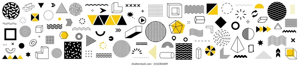 Abstract geometric shapes. Set of vintage, memphis design, retro elements for web. Collection of vector illustration.